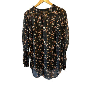 CAMBER & GRACE Black Floral Print Semi Sheer Long Sleeve Tunic Top XS